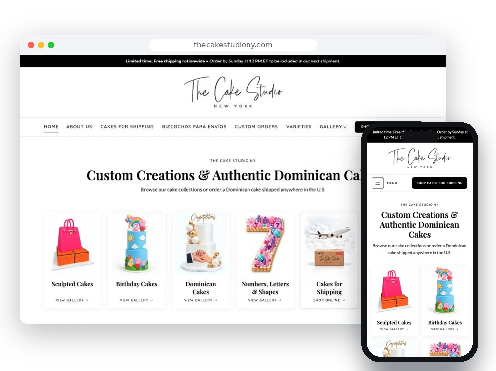 The Cake Studio NY website on desktop and mobile