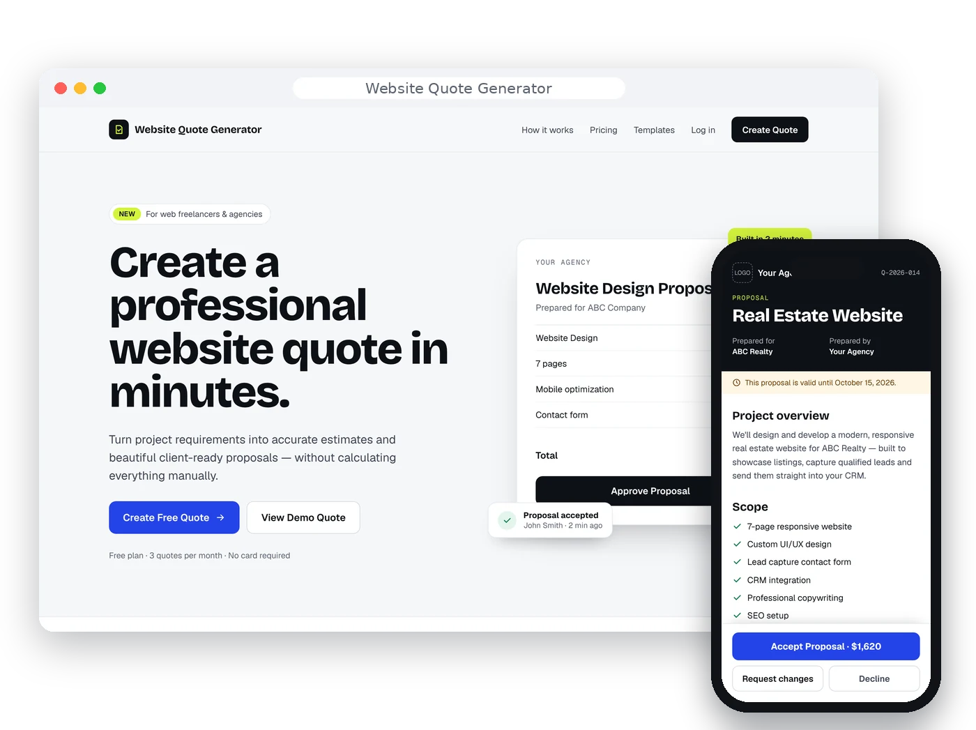 Website Quote Generator landing page and mobile client proposal